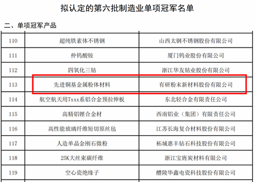 尊龙凯时人生就是博粉材“先进铜基金属粉体材料”入选工信部第六批制造业单项冠军产品